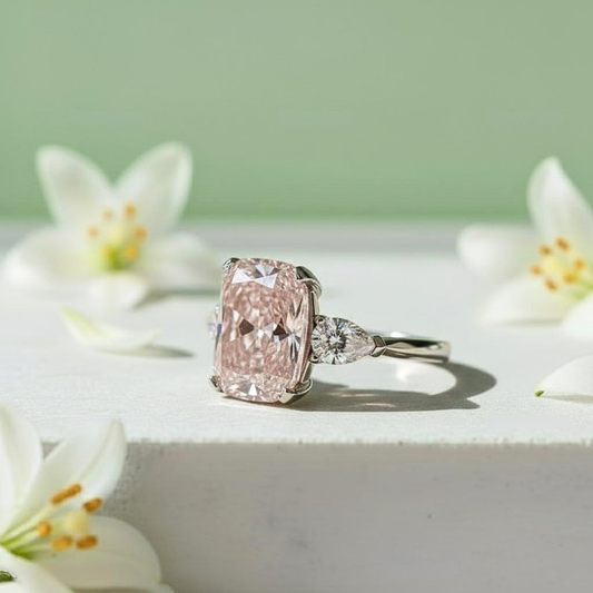 Fancy Pink Color Lab Grown Diamond 5.00 CT Three Stone Cushion Cut Engagement Ring