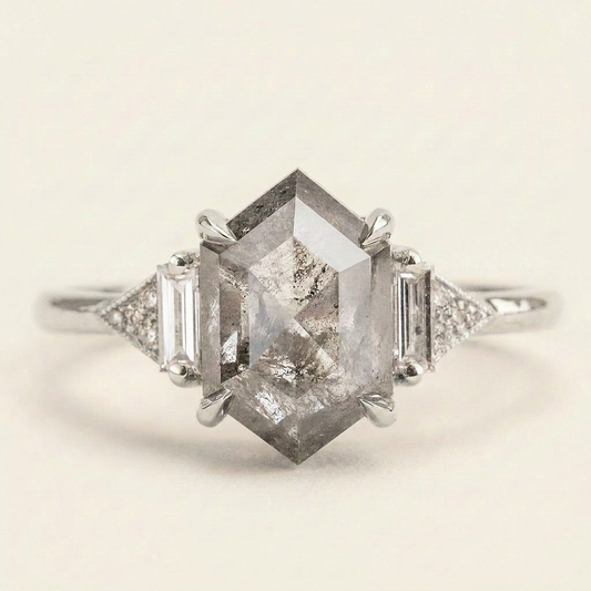 1.45 CT Hexagon & Round Cut Salt and Pepper Diamond Three Stone Ring (V2)