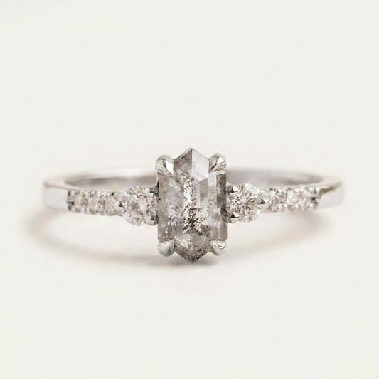1.55 CT Hexagon & Round Cut Salt and Pepper Diamond Three Stone Ring