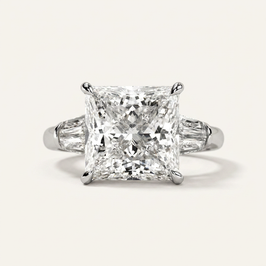 Moissanite 3.42 CT Princess & Tapered Cut Diamond Three Stone Ring