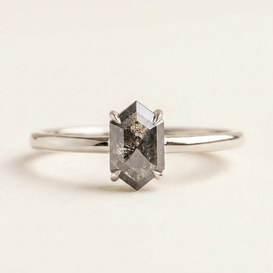 1.10 CT Hexagon Cut Salt and Pepper Diamond Solitaire Ring (V-Artdeco)