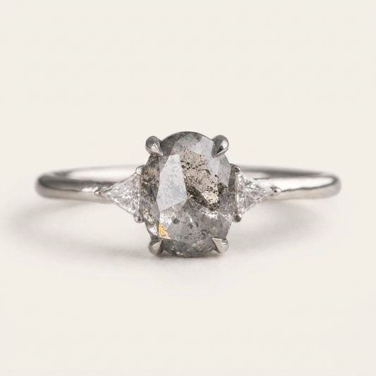 1.50 CT Oval & Triangle Cut Salt and Pepper Diamond Three Stone Ring