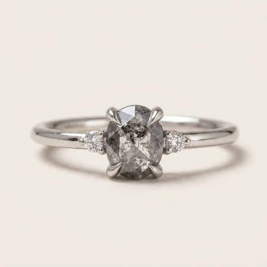 1.45 CT Oval & Round Cut Salt and Pepper Diamond Three Stone Ring