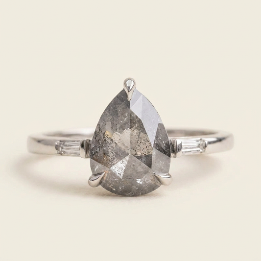 1.80 CT Pear & Baguette Cut Salt and Pepper Diamond Three Stone Ring