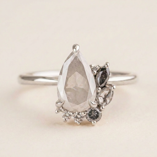 1.70 CT Pear & Round Cut Salt and Pepper Diamond Cluster Ring