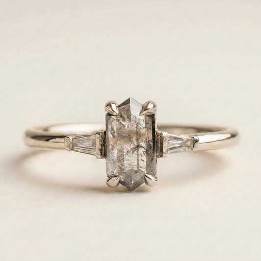 1.40 CT Hexagon & Tapered Baguette Cut Salt and Pepper Diamond Three Stone Ring