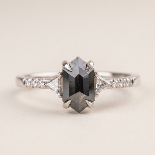 1.70 CT Hexagon & Round Cut Salt and Pepper Diamond Three Stone Ring (V1)