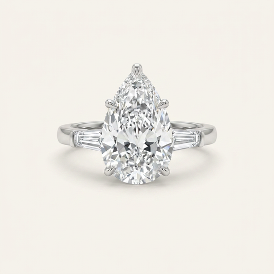 Moissanite 3.66 CT Pear & Tapered Cut Diamond Three Stone Ring