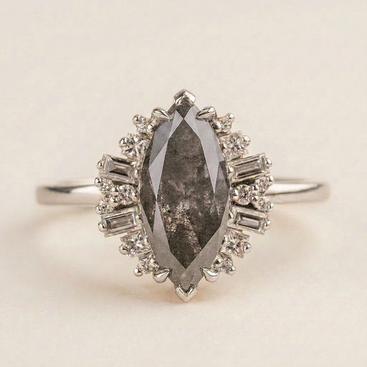 1.90 CT Marquise & Round Cut Salt and Pepper Diamond Cluster Ring