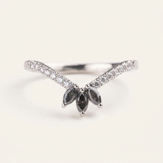 0.42 CT Marquise & Round Cut Salt and Pepper Diamond Ring