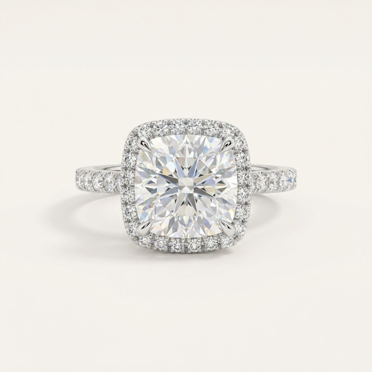 Moissanite 2.77 CT Cushion & Round Cut Diamond Halo Ring