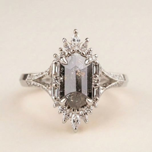 1.90 CT Hexagon & Round Cut Salt and Pepper Diamond Cluster Ring
