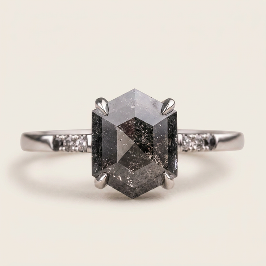 1.70 CT Hexagon & Round Cut Salt and Pepper Diamond Three Stone Ring (V2)