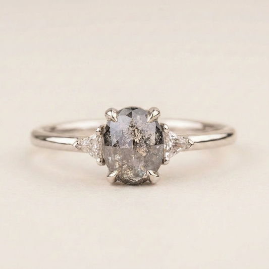 1.75 CT Oval & Triangle Cut Salt and Pepper Diamond Three Stone Ring