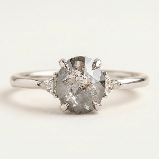 1.60 CT Oval & Triangle Cut Salt and Pepper Diamond Three Stone Ring