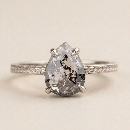 1.70 CT Pear Cut Salt and Pepper Diamond Solitaire Ring (V1)