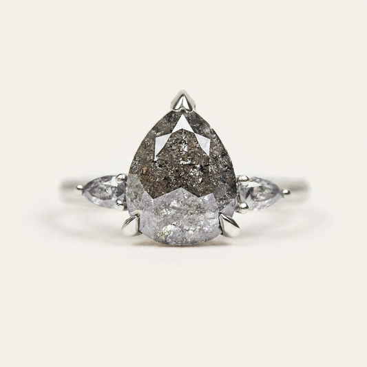 2.18 CT Pear Cut Salt and Pepper Diamond Three Stone Ring
