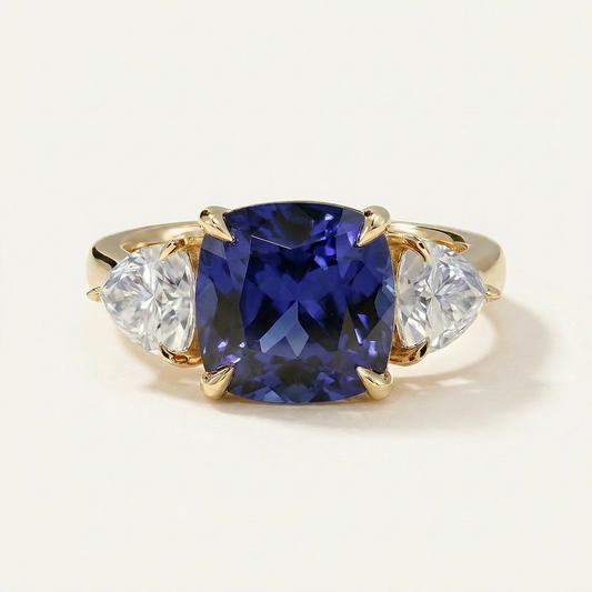 Moissanite 4.13 CT Cushion & Pear Cut Diamond Three Stone Ring