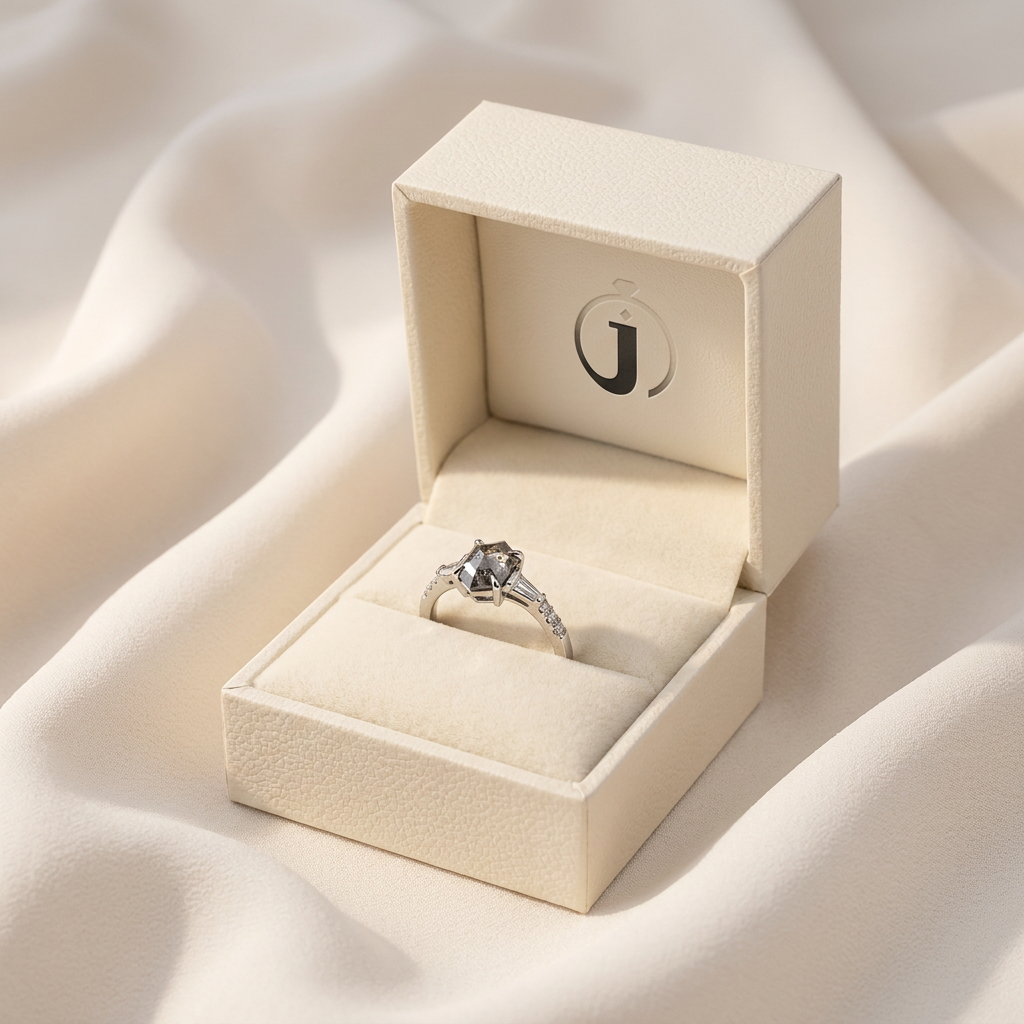 1.45 CT Hexagon & Round Cut Salt and Pepper Diamond Three Stone Ring (V-Artdeco)