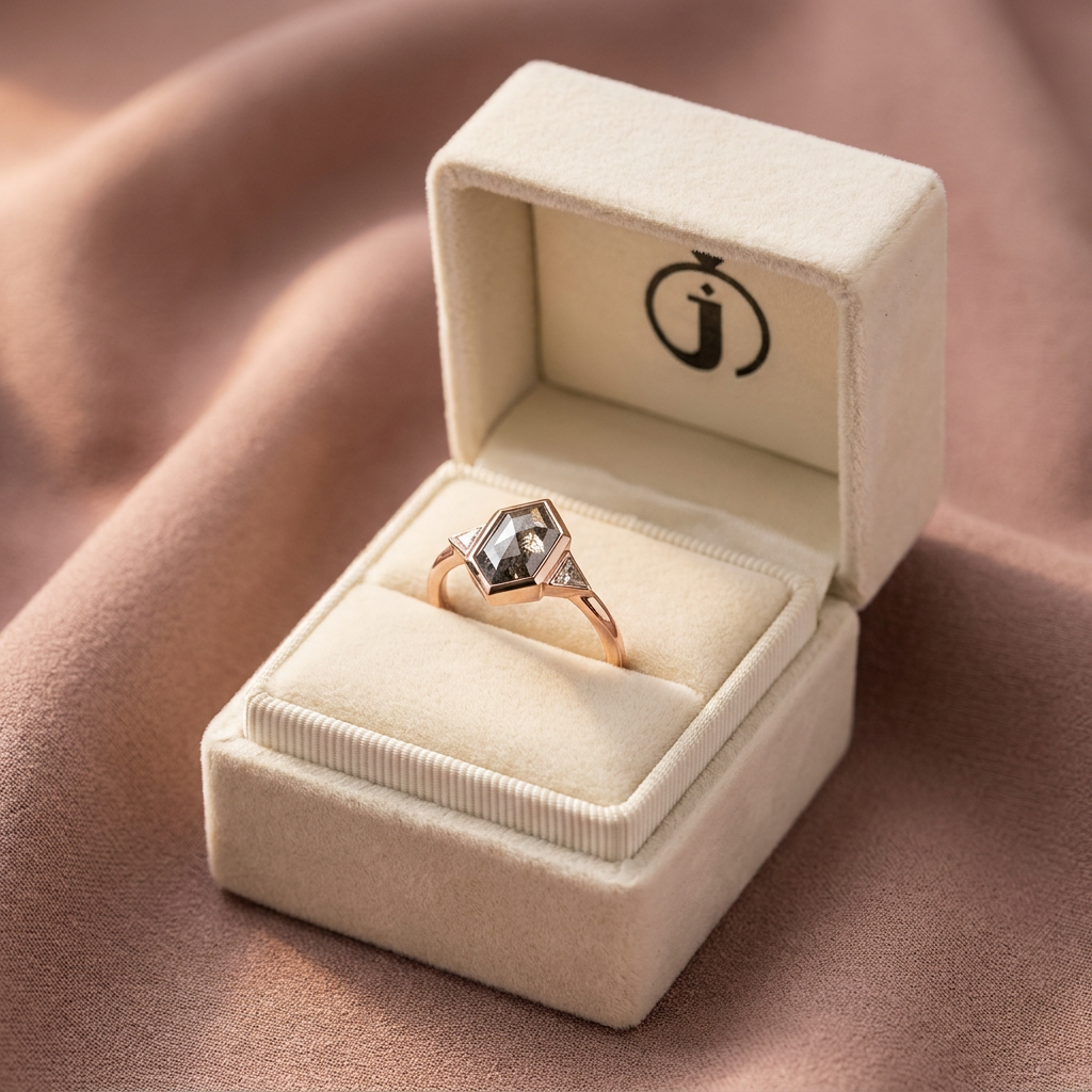 1.30 CT Hexagon & Triangle Cut Salt and Pepper Diamond Three Stone Ring (V1)