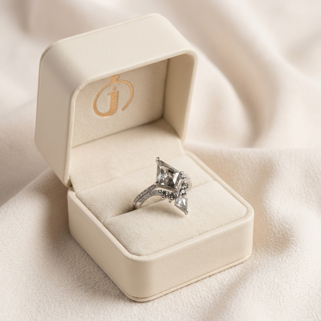 1.40 CT Kite Cut Salt and Pepper Diamond Solitaire with Side Stones Ring