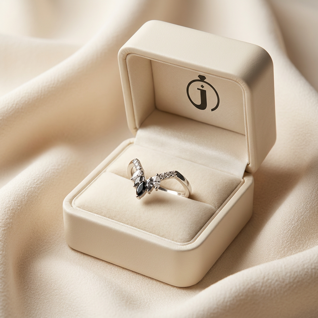 0.35 CT Marquise & Round Cut Salt and Pepper Diamond Ring