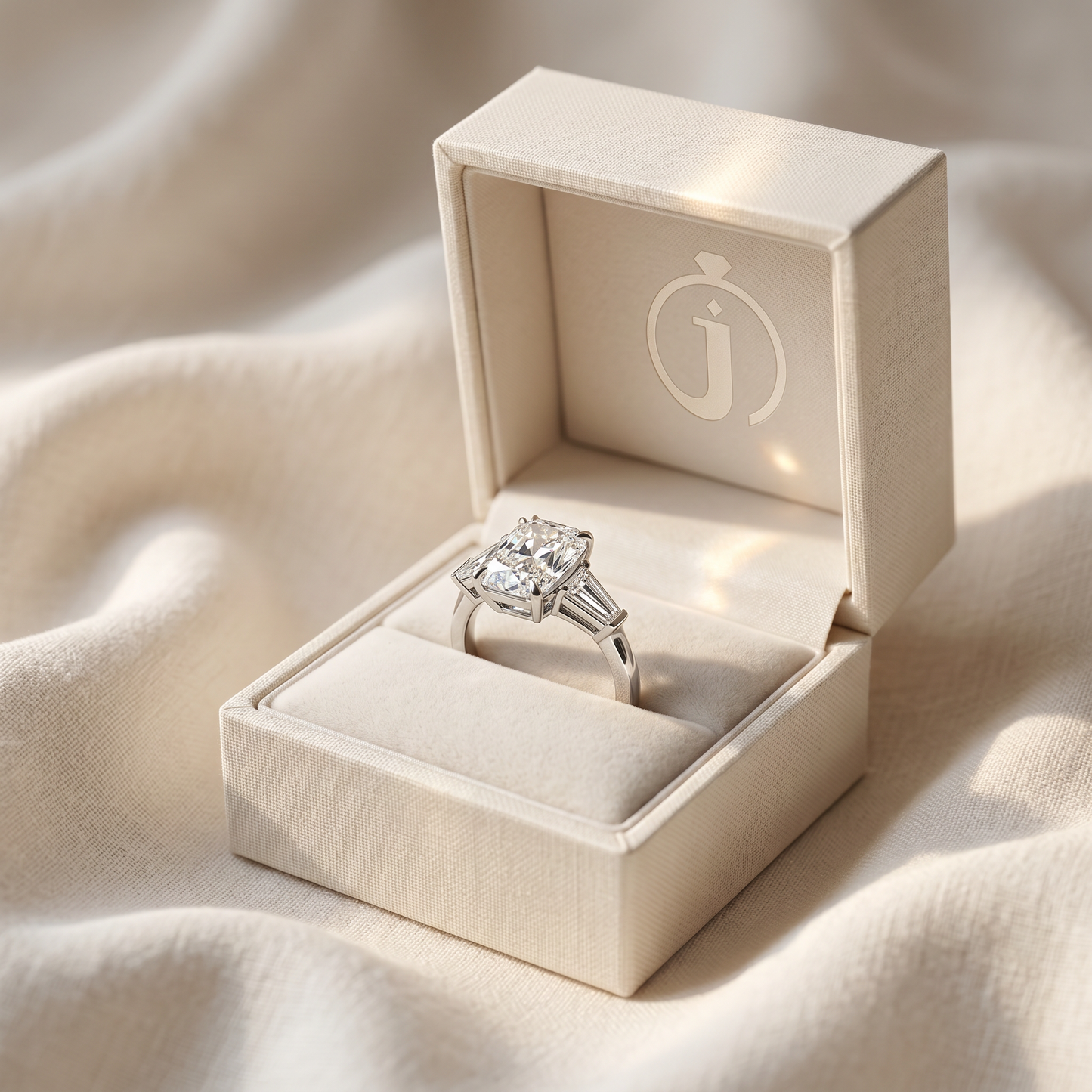Moissanite 5.10 CT Cushion & Tapered Cut Diamond Three Stone Ring
