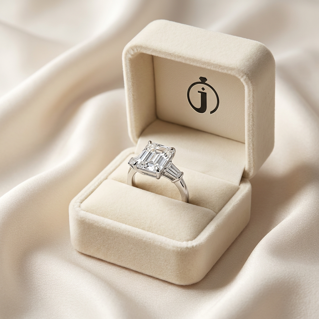 Moissanite 3.57 CT Asscher & Tapered Cut Diamond Three Stone Ring