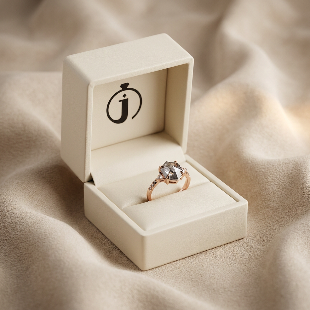 1.65 CT Hexagon & Triangle Cut Salt and Pepper Diamond Three Stone Ring