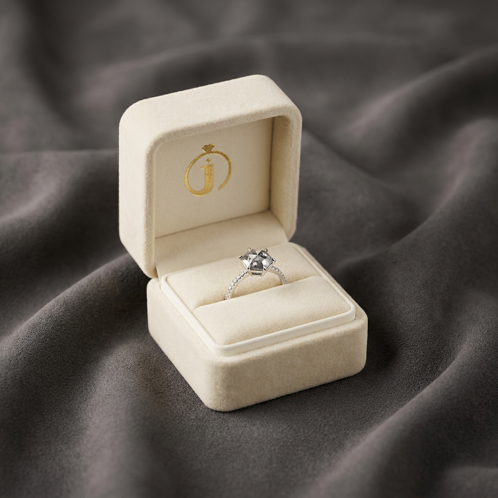 1.50 CT Hexagon Cut Salt and Pepper Diamond Pavé Solitaire Ring