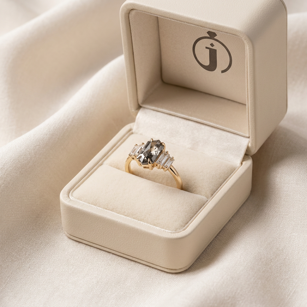 1.80 CT Hexagon & Baguette Cut Salt and Pepper Diamond Cluster Five-Stone Ring