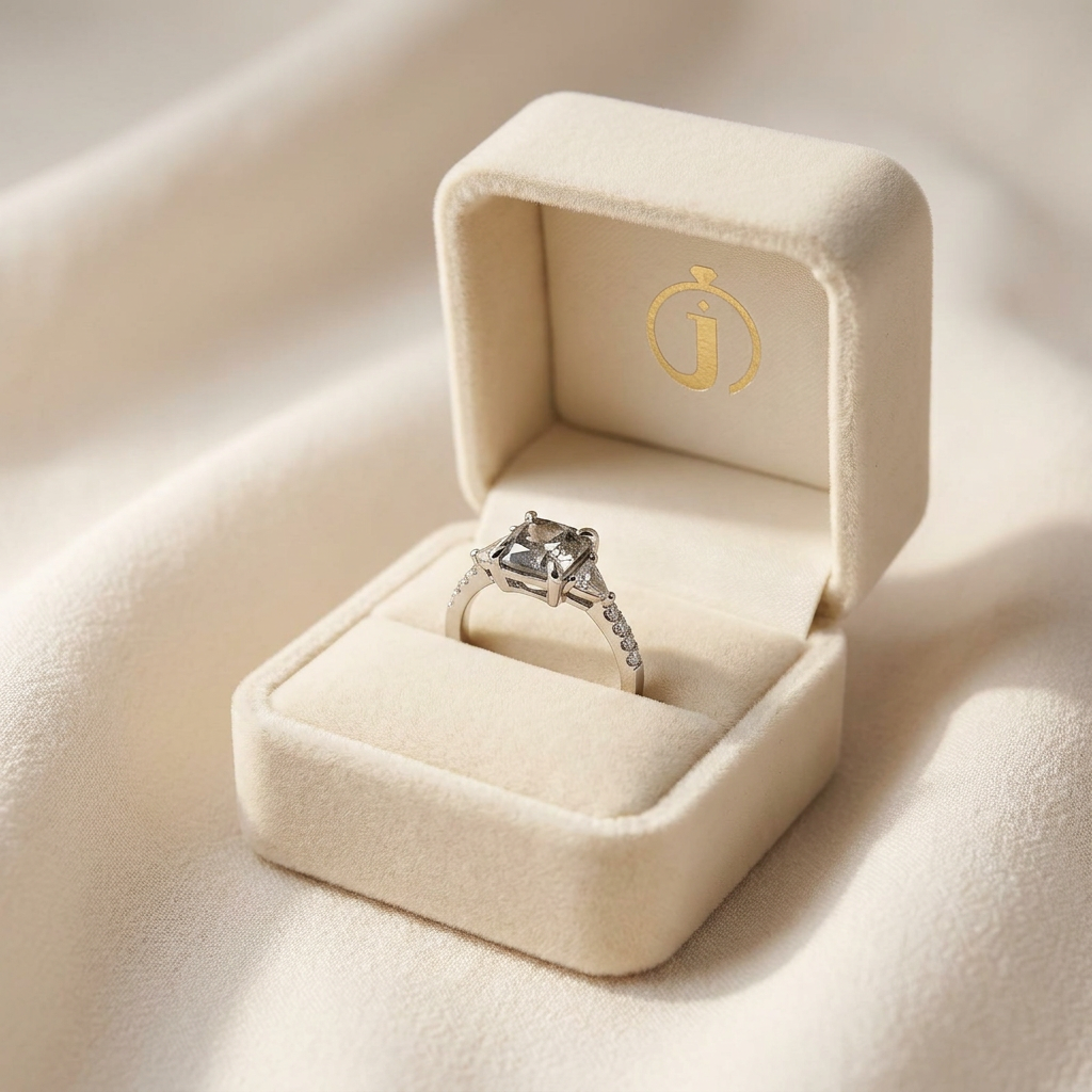 2.05 CT Asscher & Round Cut Salt and Pepper Diamond Three Stone Ring