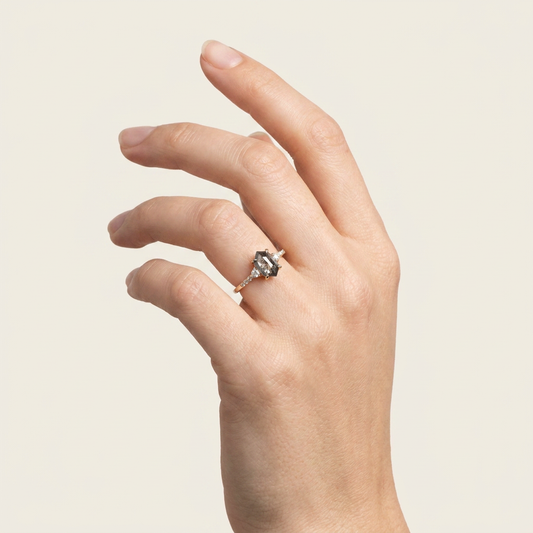1.75 CT Hexagon & Round Cut Salt and Pepper Diamond Three Stone Ring