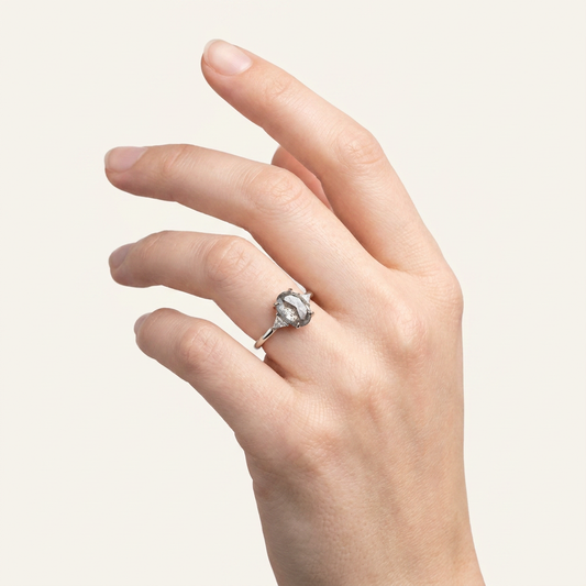 1.50 CT Oval & Triangle Cut Salt and Pepper Diamond Three Stone Ring