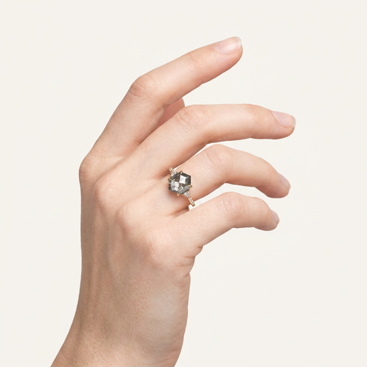1.80 CT Hexagon & Triangle Cut Salt and Pepper Diamond Three Stone Ring