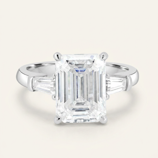 Moissanite 4.40 CT Emerald & Tapered Baguette Cut Diamond Three Stone Ring