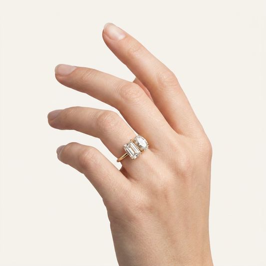 Moissanite 3.00 CT Emerald & Oval Cut Diamond Toi Et Moi Ring
