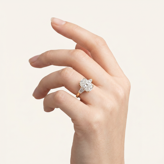 Moissanite 5.10 CT Cushion & Tapered Cut Diamond Three Stone Ring
