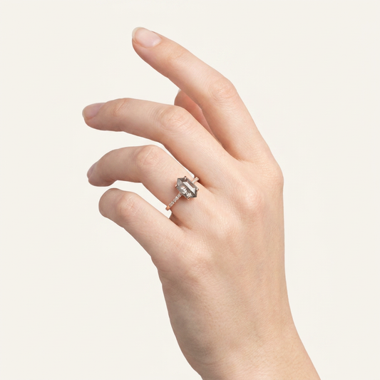 1.35 CT Hexagon Cut Salt and Pepper Diamond Solitaire Ring
