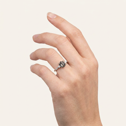 1.95 CT Hexagon & Round Cut Salt and Pepper Diamond Three Stone Ring