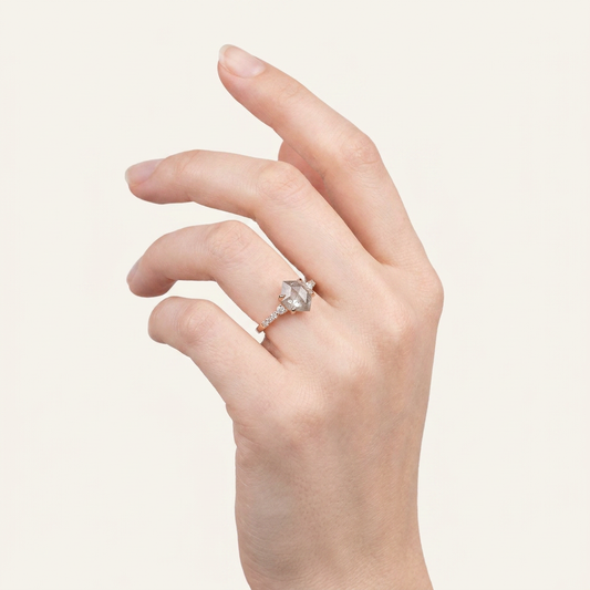 1.65 CT Hexagon & Round Cut Salt and Pepper Diamond Three Stone with Side Stones Ring