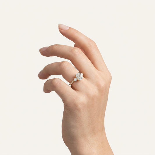 Lab Grown 3.00 CT Cushion & Pear Cut Diamond Three Stone Ring