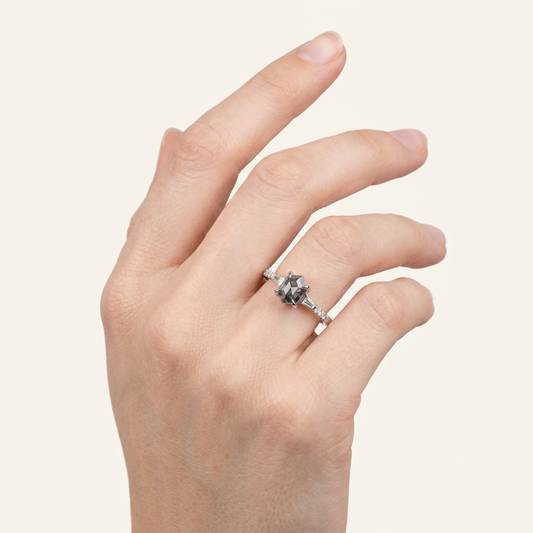 1.45 CT Hexagon & Round Cut Salt and Pepper Diamond Three Stone Ring (V-Artdeco)