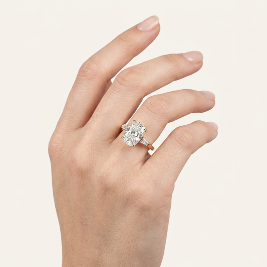 Moissanite 5.32 CT Cushion & Tapered Cut Diamond Three Stone Ring