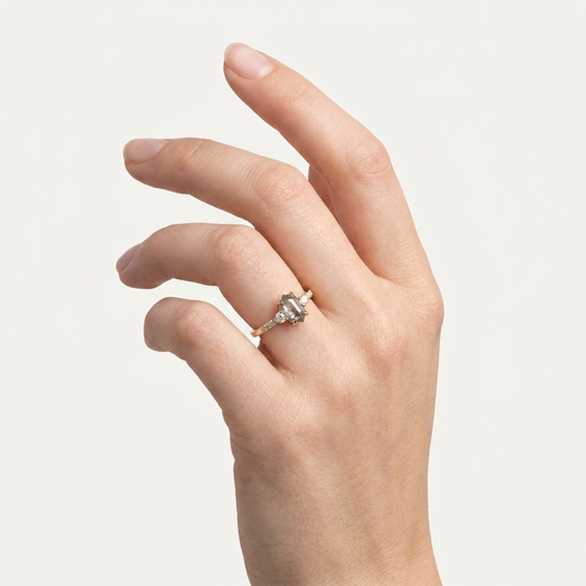 1.55 CT Hexagon & Round Cut Salt and Pepper Diamond Three Stone Ring