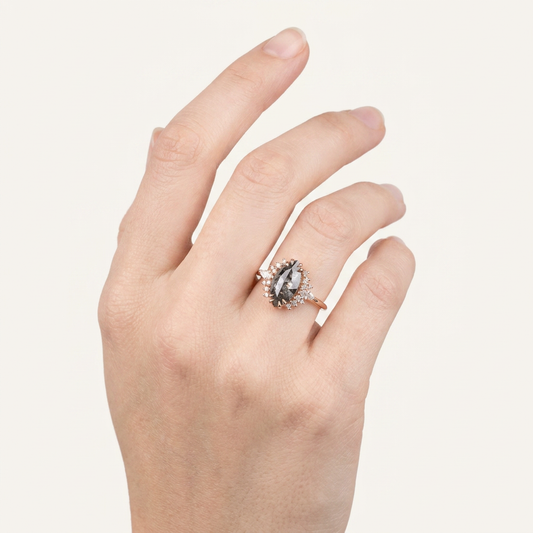 1.95 CT Marquise & Round Cut Salt and Pepper Diamond Cluster Ring