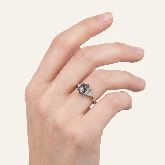1.30 CT Hexagon & Triangle Cut Salt and Pepper Diamond Three Stone Ring (V2)