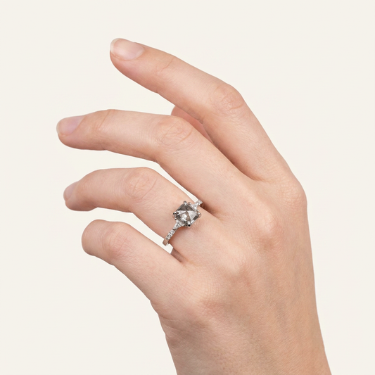 2.05 CT Asscher & Round Cut Salt and Pepper Diamond Three Stone Ring