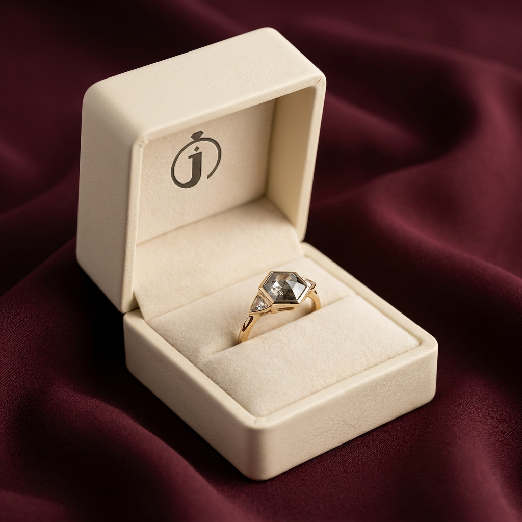 1.60 CT Hexagon & Trillion Cut Salt and Pepper Diamond Three Stone Ring