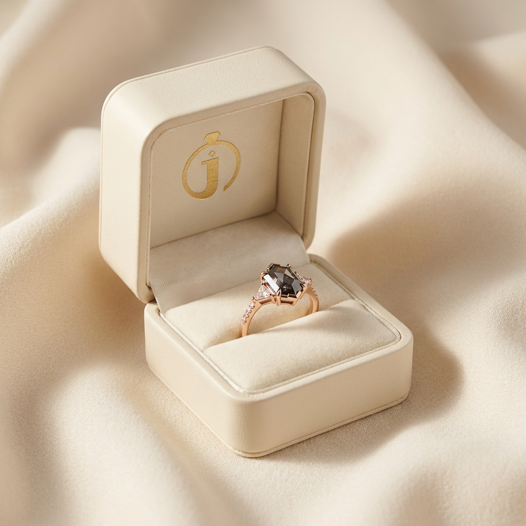 1.80 CT Hexagon & Round Cut Salt and Pepper Diamond Three Stone Ring